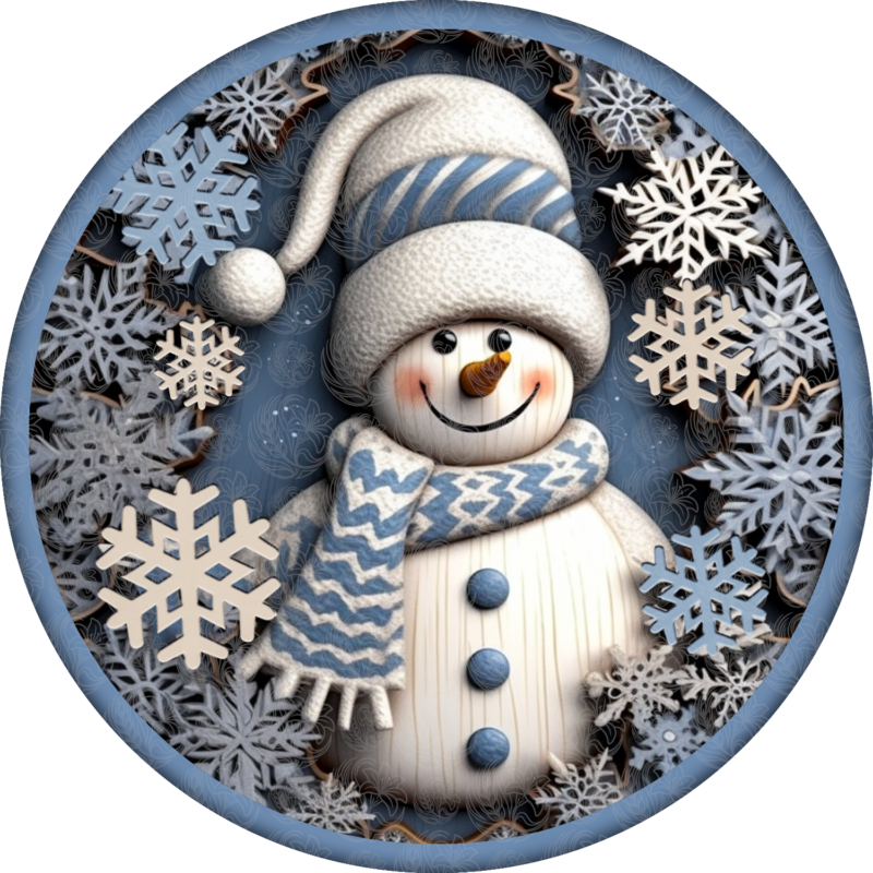 Snowman sign featuring carved snowman with blue scarf hat and snowflakes Grey Barn Handwerk Saskatchewan